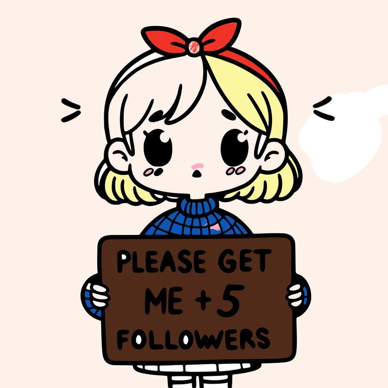 a girl with a sign that says please get me to 5 followers