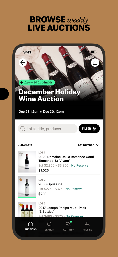Interfaccia dell'app mobile Unicorn Auctions che mostra un'asta di vini dal vivo con elenchi di bottiglie rare e offerte correnti.