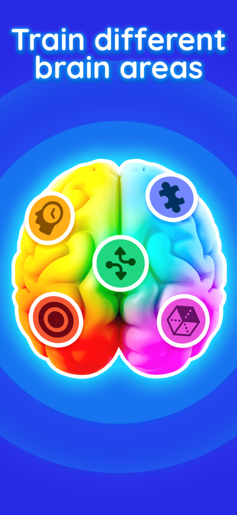 Focus - Brain Training Games - A colorful brain illustration showing various cognitive training icons for memory and logic