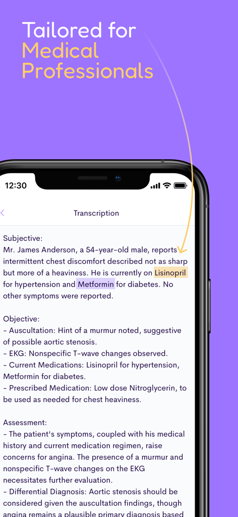 Assistant Dr. - Medical Scribe - Assistant Dr. app interface displaying a medical transcription with structured SOAP notes for clinical documentation.