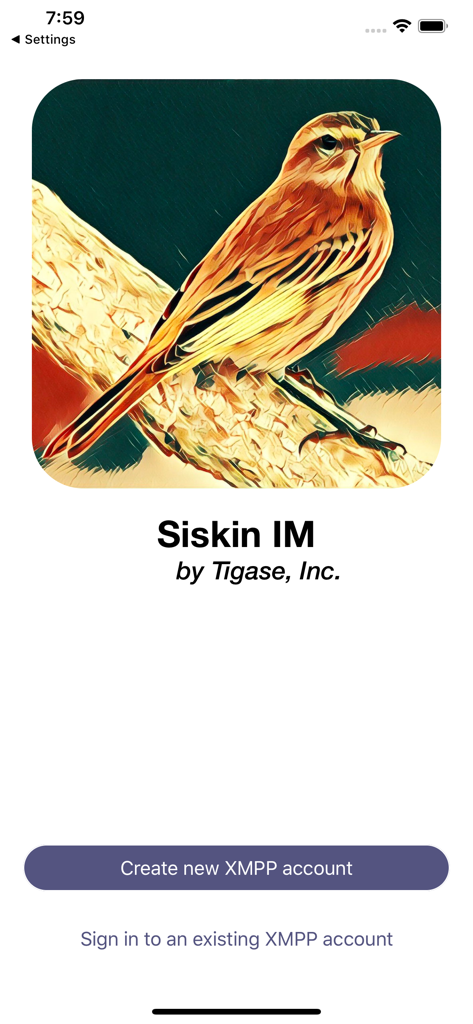 Siskin IM - Siskin IM welcome screen featuring a bird illustration and options to create or sign in to an XMPP account