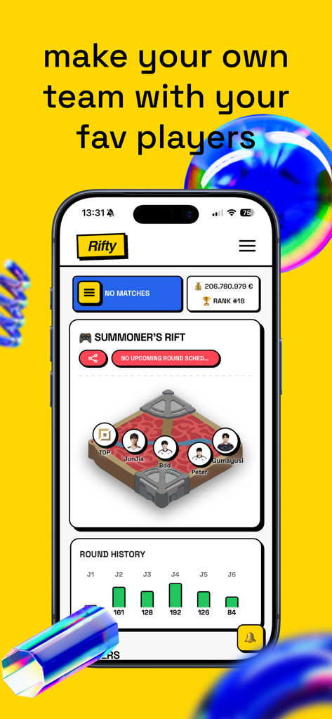 RIFTY - RIFTY app interface displaying a custom League of Legends fantasy team lineup on a Summoner Rift map with player performance statistics