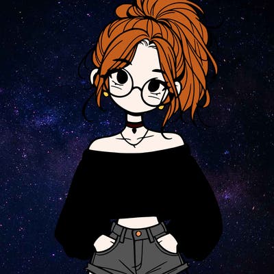 girl with a messy ponytail glasses a baggy crop top and jean shorts