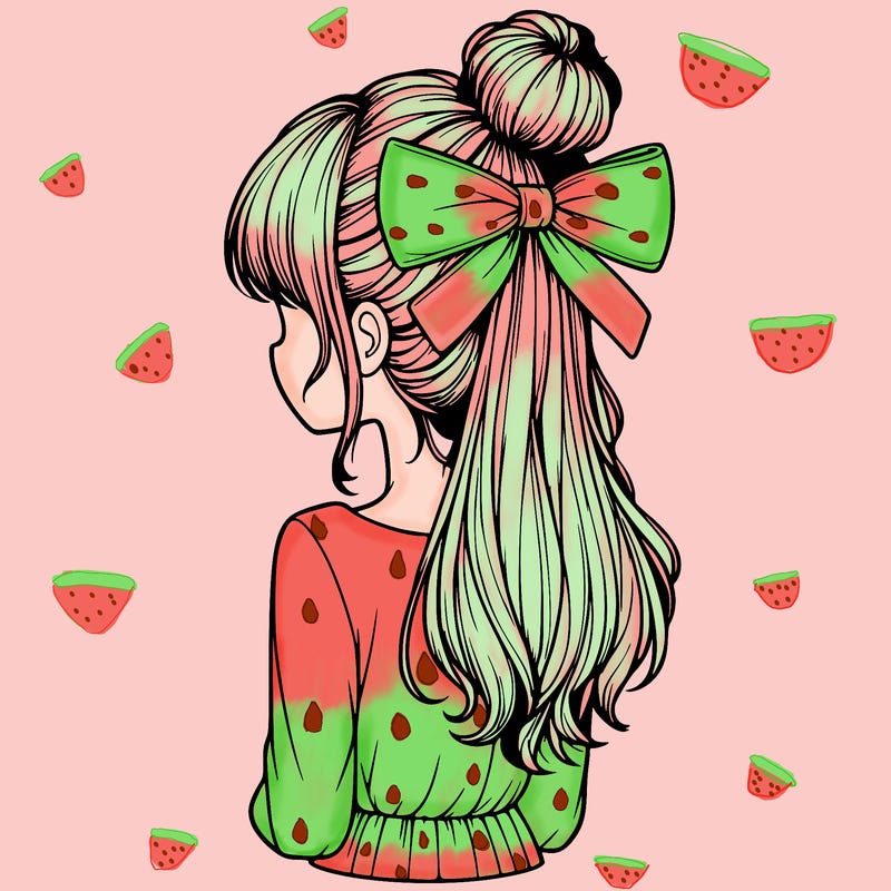 realistic girl  with hip length hair a bun and a big bow on the back of head