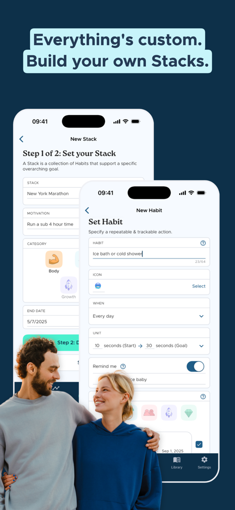 glue - new habits that stick - Interface showing how to build custom habit stacks and individual habits in the glue app