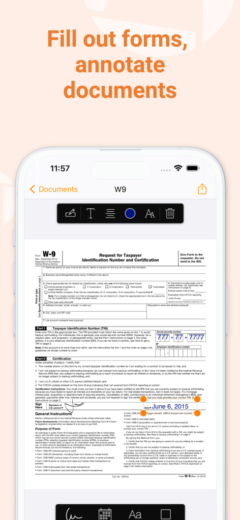 Genius Sign: PDF doc signature - iPhone 화면에 Genius Sign 앱이 W-9 세금 양식을 서명 및 날짜와 함께 채우고 주석을 다는 데 사용되는 것을 표시합니다.