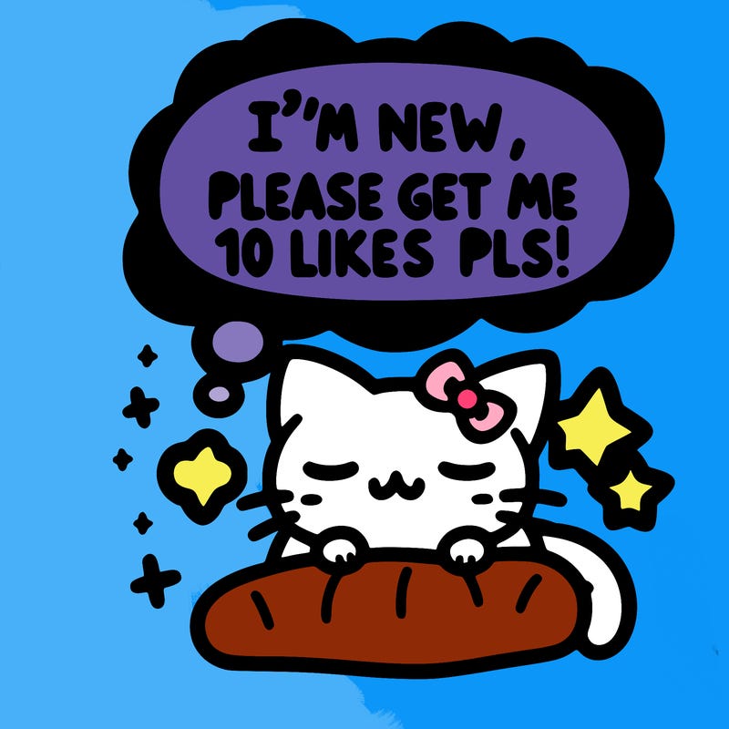 kitty taking a nap dream talking and saying "i'm new, please get me at least 10 likes pls!!"