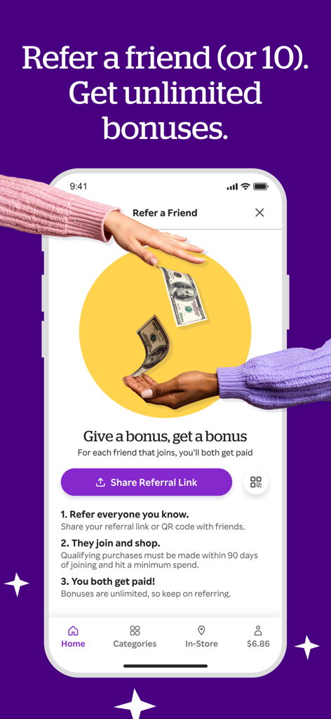 Rakuten app screen showing the Refer a Friend program with unlimited cash bonuses