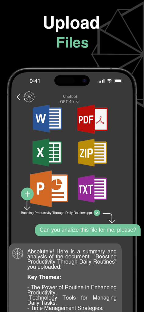 ChatAI - RAG & AI Agents - Tela do aplicativo móvel mostrando a interface de upload de arquivos do ChatAI para análise e resumo de documentos