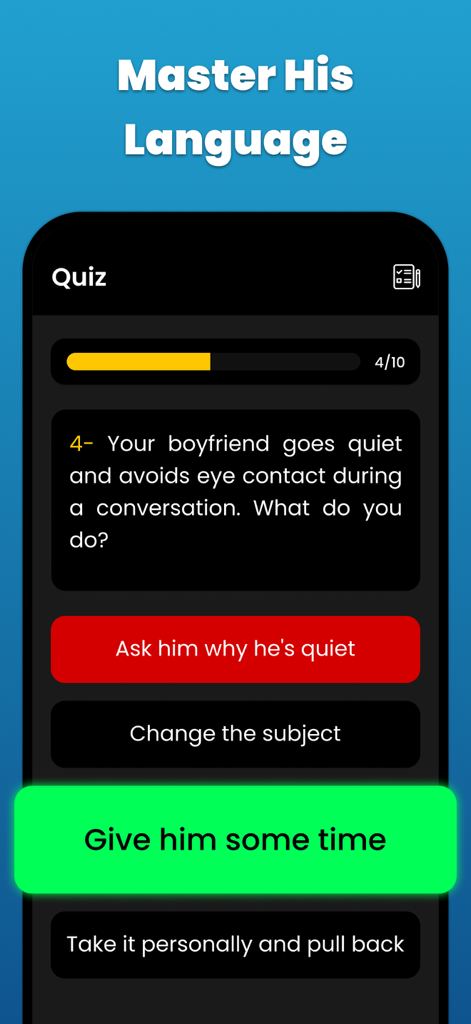 「彼の言葉をマスターする」というタイトルの関係クイズと、パートナーの沈黙を理解することについての質問を示すモバイルアプリのスクリーンショット。