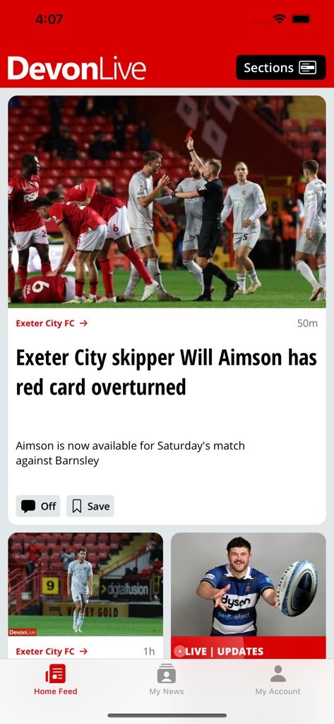Devon Live mobile app interface showing local sports headlines about Exeter City FC and rugby updates