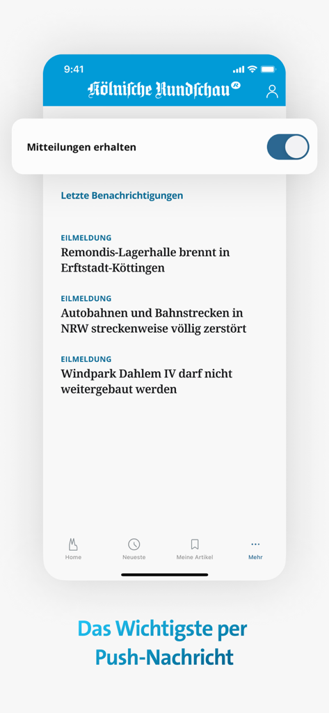 Kölnische Rundschau - Koelnische Rundschau App-Bildschirm mit Einstellungen für Push-Benachrichtigungen und den neuesten Eilmeldungen