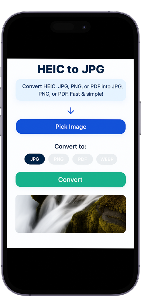 HEIC Converter: JPG PDF PNG - Oberfläche der HEIC Converter App mit Optionen zur Konvertierung von Bildern in JPG, PNG oder PDF