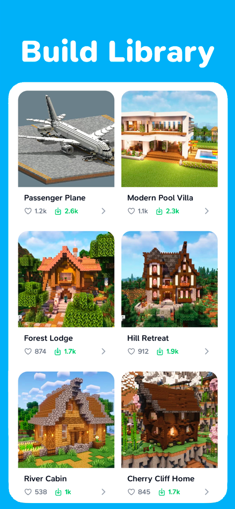 BuilderGPT – AI MC Builder - An app interface displaying a library of Minecraft build designs such as a passenger plane and a modern pool villa.