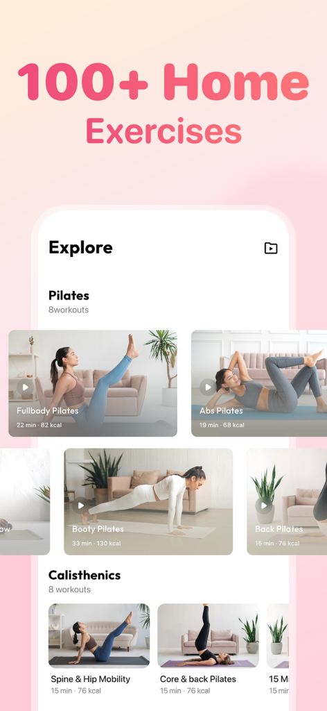 Wall Pilates at Home: FitPulse - Interfaccia dell'app FitPulse che mostra una libreria di oltre 100 esercizi casalinghi, tra cui Pilates e calisthenics
