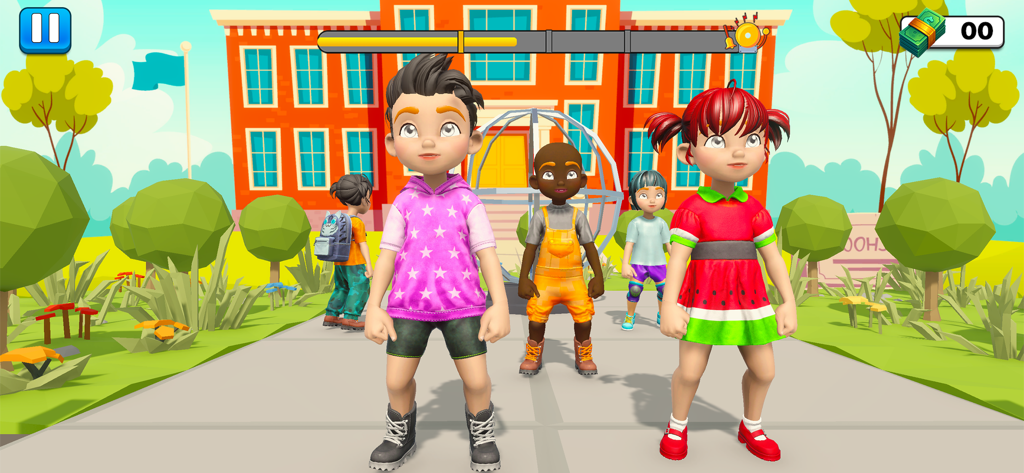 Cartoon students standing in front of a school building in Teacher Simulator Classroom