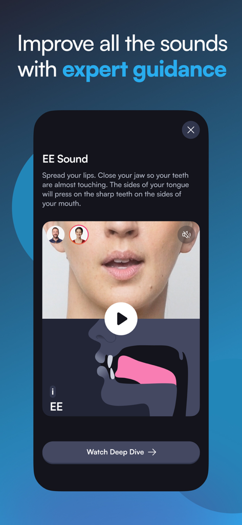 BoldVoice: Accent Training - BoldVoice app interface showing an accent training lesson with a video and anatomical mouth diagram for the EE sound