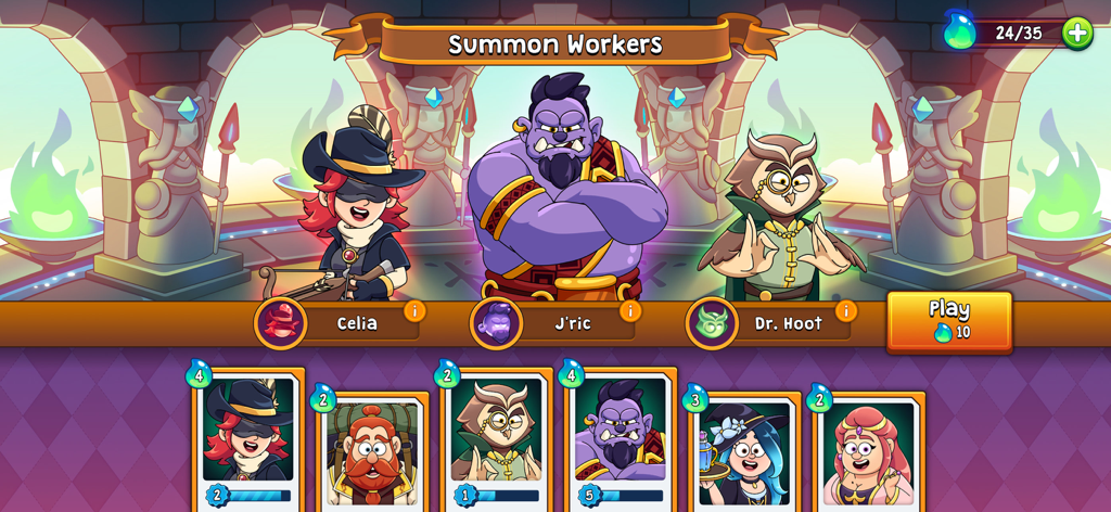 Character selection screen for summoning workers in Potion Punch 2 featuring Celia, Jric, and Dr Hoot.