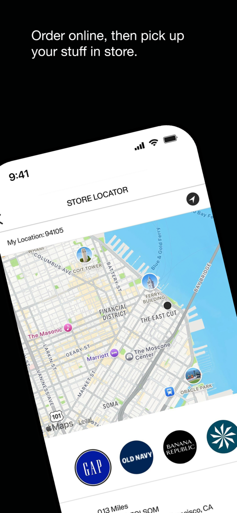 Interfaz del localizador de tiendas de la app de Gap que muestra un mapa de ubicaciones de tiendas e íconos de marca para Gap, Old Navy, Banana Republic y Athleta