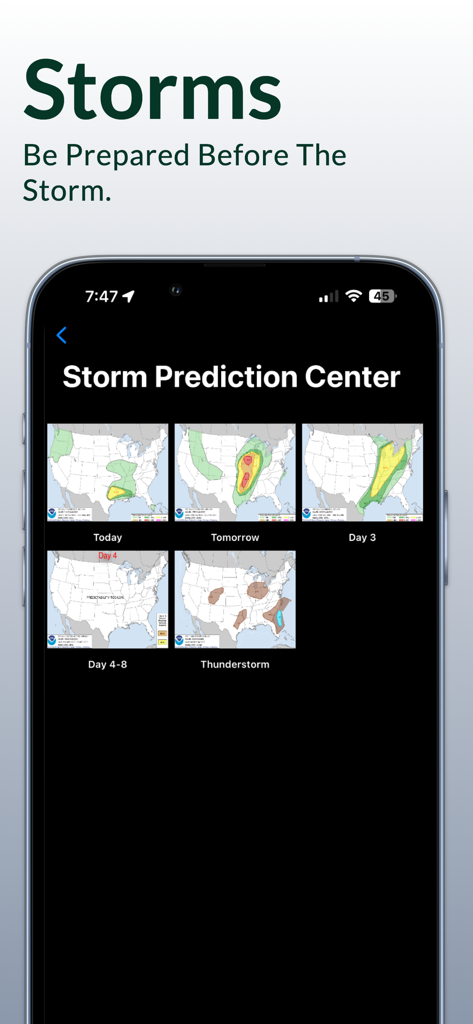 NOAA Weather Radio - iPhone display showing the Storm Prediction Center section of the NOAA Weather Radio app with several convective outlook maps