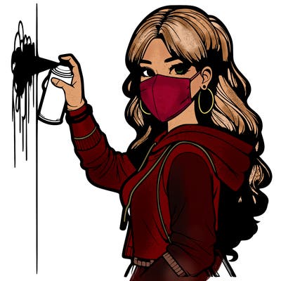 realistic girl with mask spray painting a wall