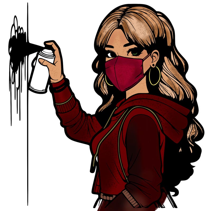 realistic girl with mask spray painting a wall