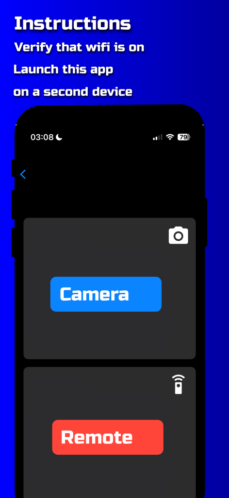 Remote Shutter: camera connect - Pantalla de configuración de la aplicación Remote Shutter con botones para elegir entre los modos Cámara y Remoto