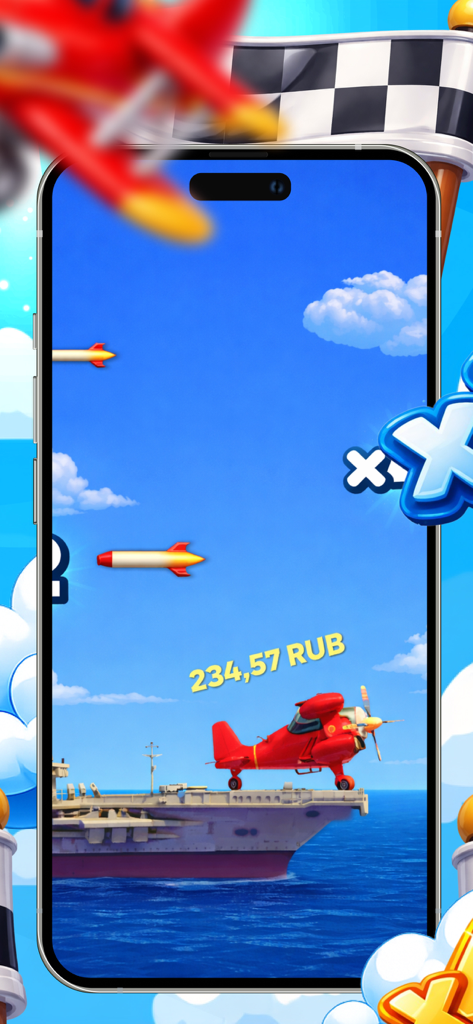 Host Part Hits 모바일 게임에서 미사일이 하늘로 날아가는 항공모함 갑판 위의 빨간색 복엽기