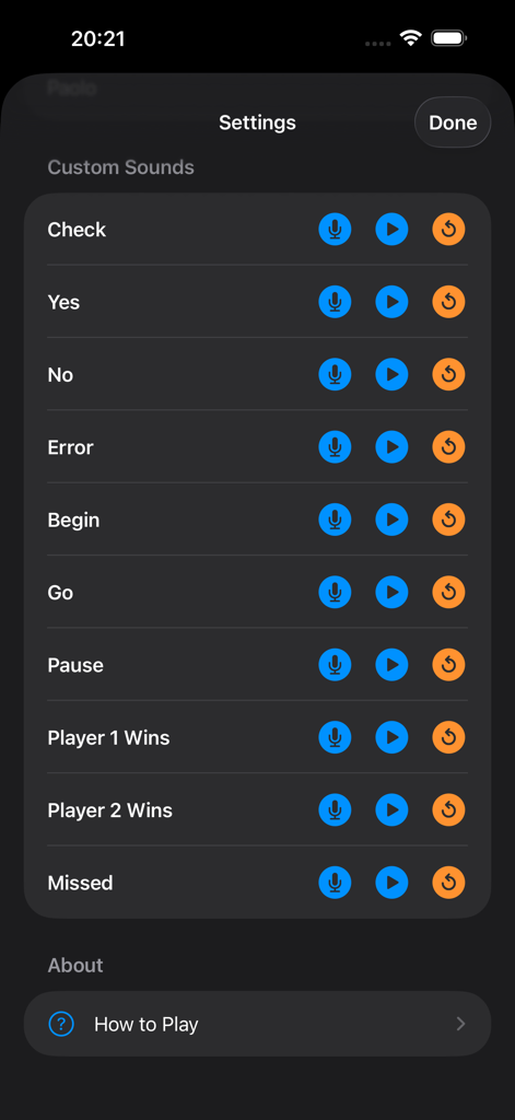 Settings screen for custom sound effects in Cricket Darts Chalkboard app.