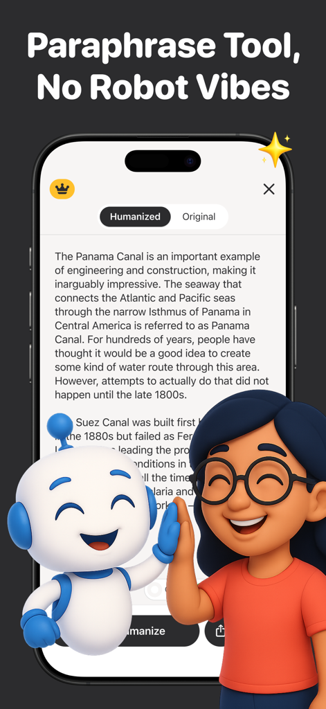 A woman and a robot high-fiving on the Humanize AI app screen with paraphrased text