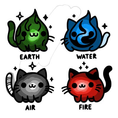 4 cats that represent the different elements, earth, water, air, and fire