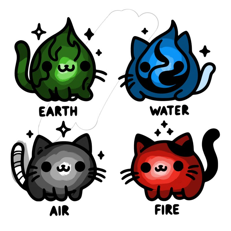 4 cats that represent the different elements, earth, water, air, and fire