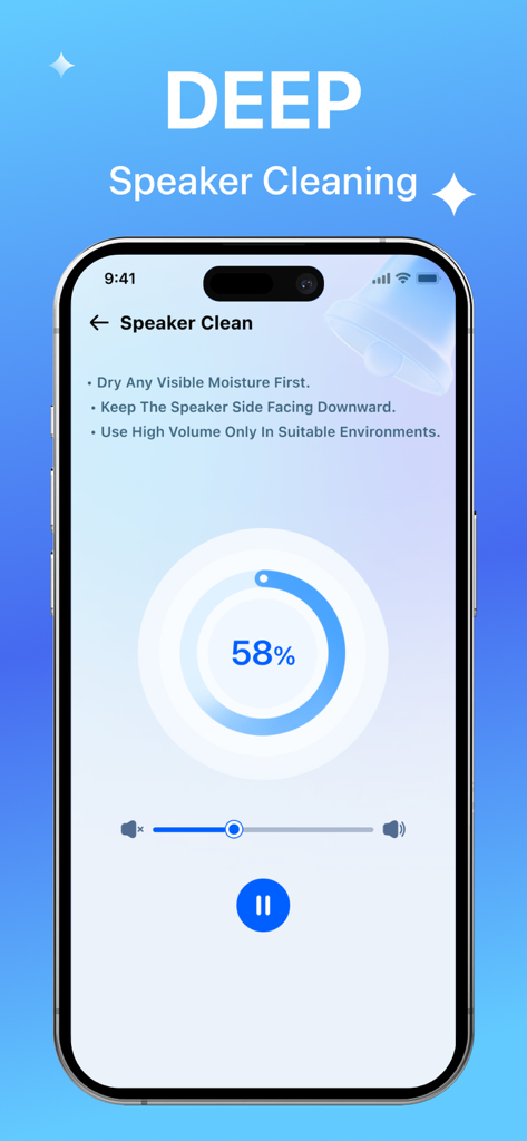 PhoneCleaner·AI ClearSpace - Interface of PhoneCleaner AI ClearSpace showing the deep speaker cleaning feature with a circular progress bar at 58 percent.