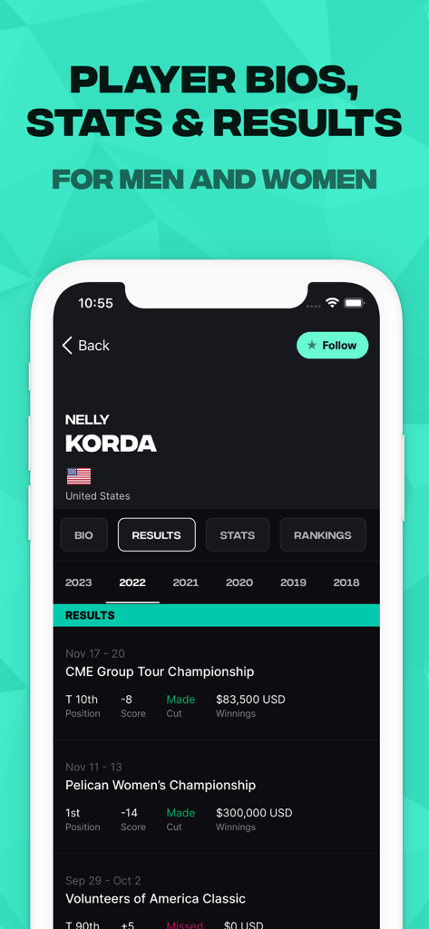 Golf app screen showing professional player profile with career results and statistics for Nelly Korda