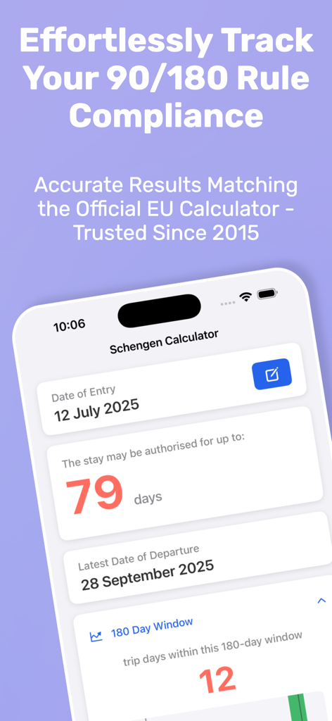 Schengen Calculator 90/180 - Schengen Calculator mobile app interface tracking 90/180 rule stay limits and departure dates