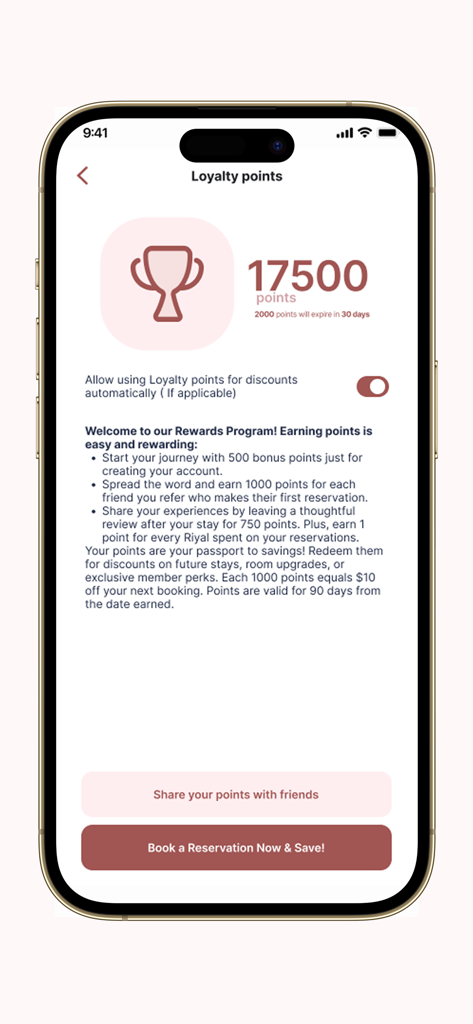 MED X For Diva Clinic - MED X For Diva Clinicアプリのロイヤルティポイントダッシュボード、17500ポイントの残高と報酬プログラム情報表示