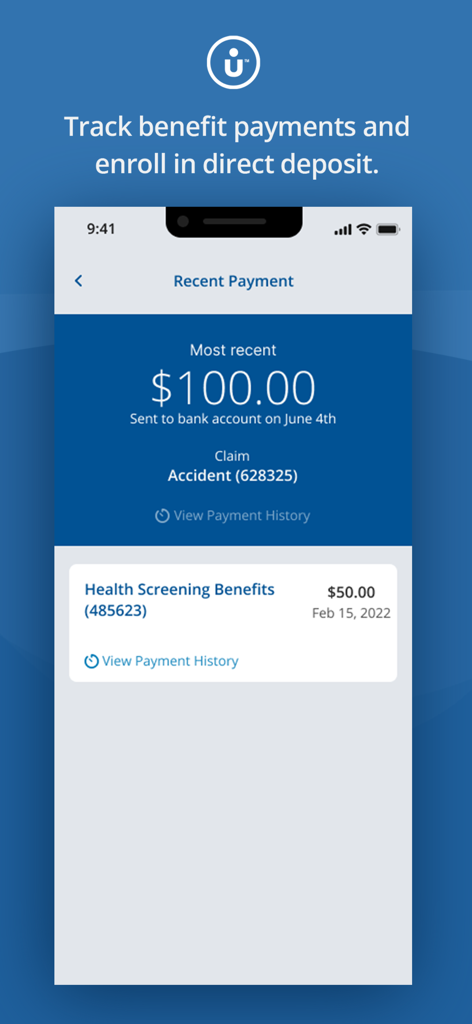 MyUnum for Members - Mobile screen displaying recent benefit payments and claim details on the MyUnum for Members app