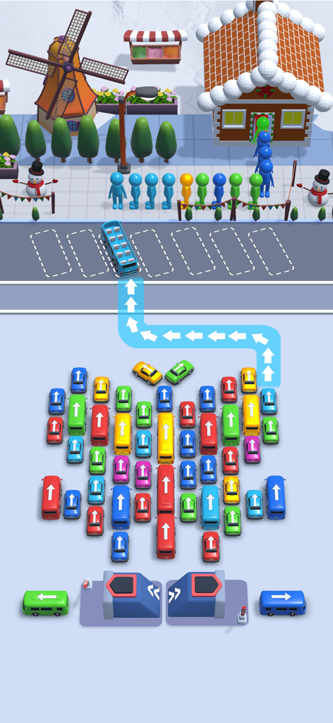 Bus Escape: Traffic Jam 3D - Gameplay screenshot of Bus Escape Traffic Jam 3D showing a color sorting puzzle in a winter environment
