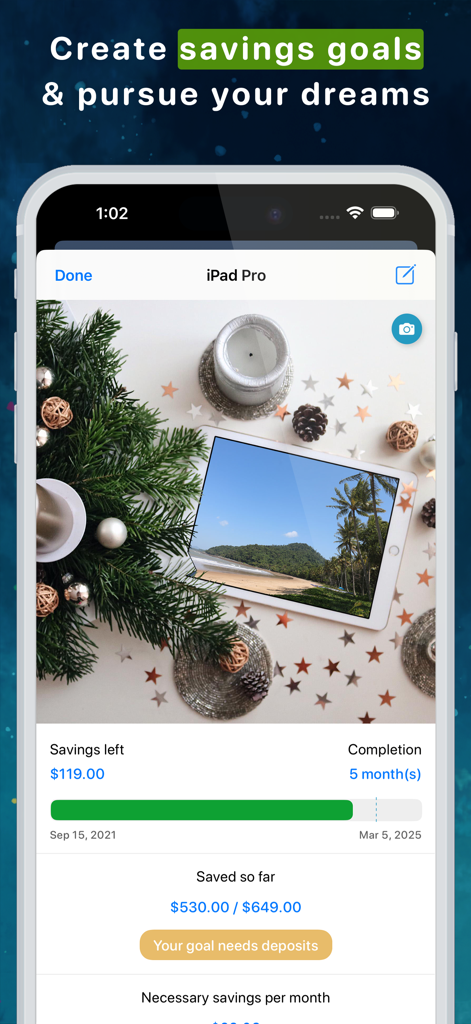 MoneyStats app interface showing a savings goal for an iPad Pro with progress bar and financial tracking details