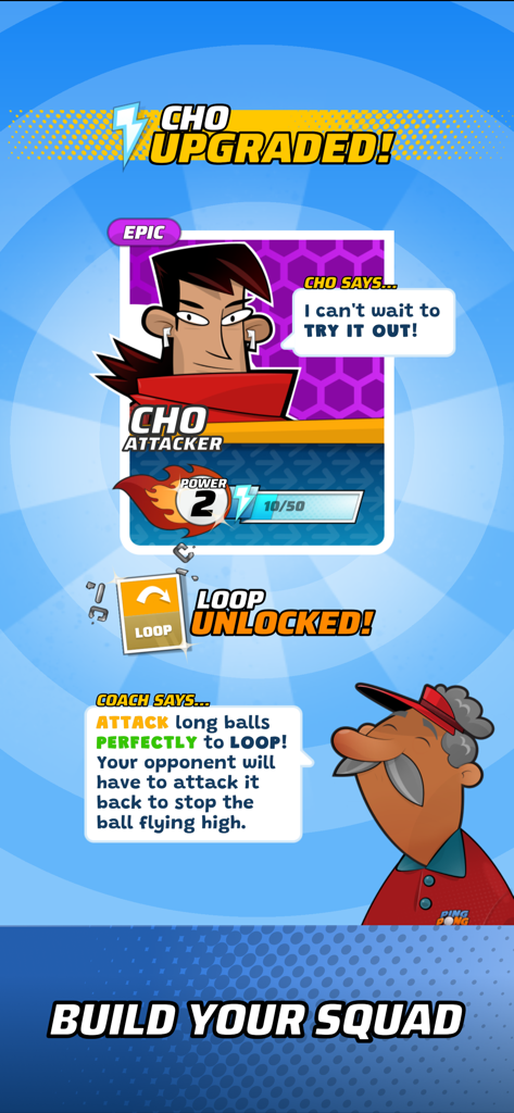 Ping Pong Squad - A screenshot showing a character upgrade for Cho the attacker and an unlocked loop move in Ping Pong Squad