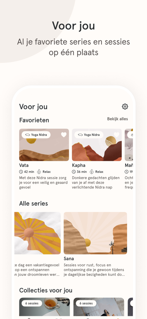 House of Deeprelax – Meditatie - Interface of the House of Deeprelax app showing personalized Yoga Nidra and NSDR meditation sessions for stress relief and deep rest