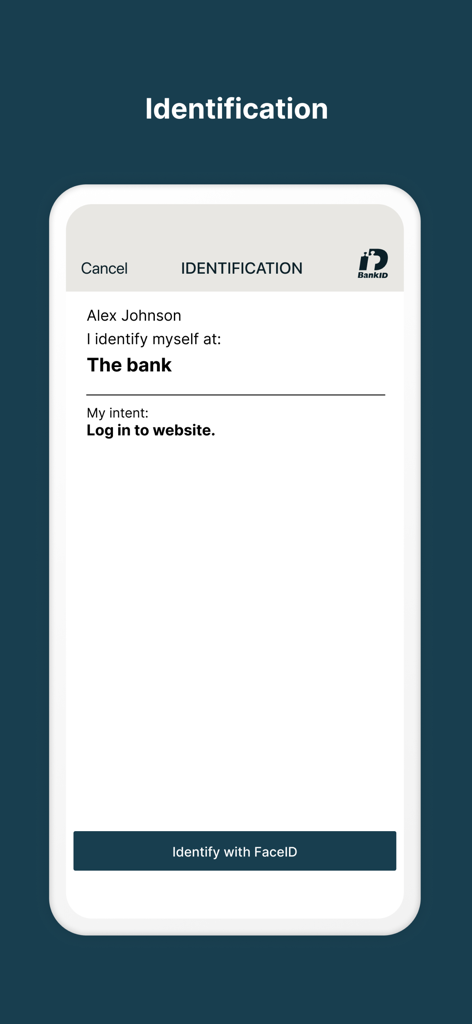 BankID Security App - Pantalla de identificación de la app BankID para inicio de sesión bancario seguro usando FaceID.
