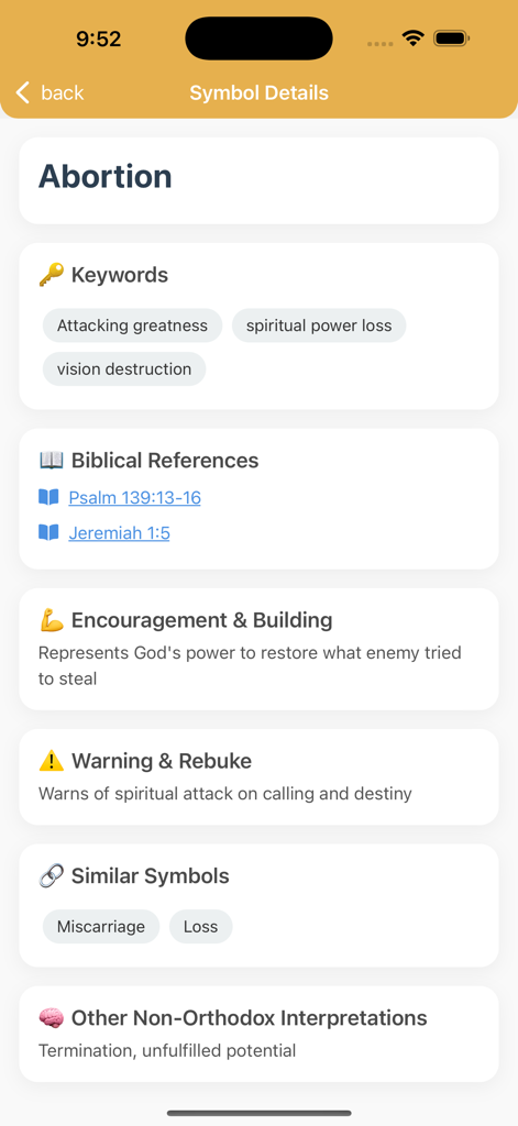 Orthodox Symbolism - Symbol details screen for Abortion in the Orthodox Symbolism app showing keywords, biblical references, and spiritual interpretations