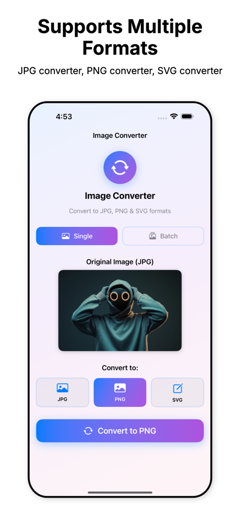 Image Converter – JPG PNG SVG - Interface do aplicativo Image Converter mostrando opções para converter uma imagem JPG para formato PNG ou SVG.