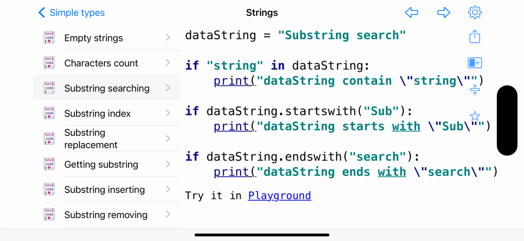Python & SQL - Python code snippet showing substring search methods in the Python and SQL application interface