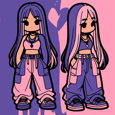 girl in baggy pants crop top and long hair