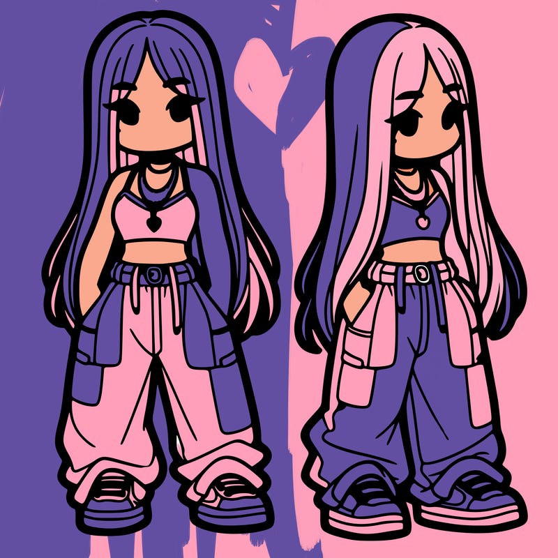 girl in baggy pants crop top and long hair