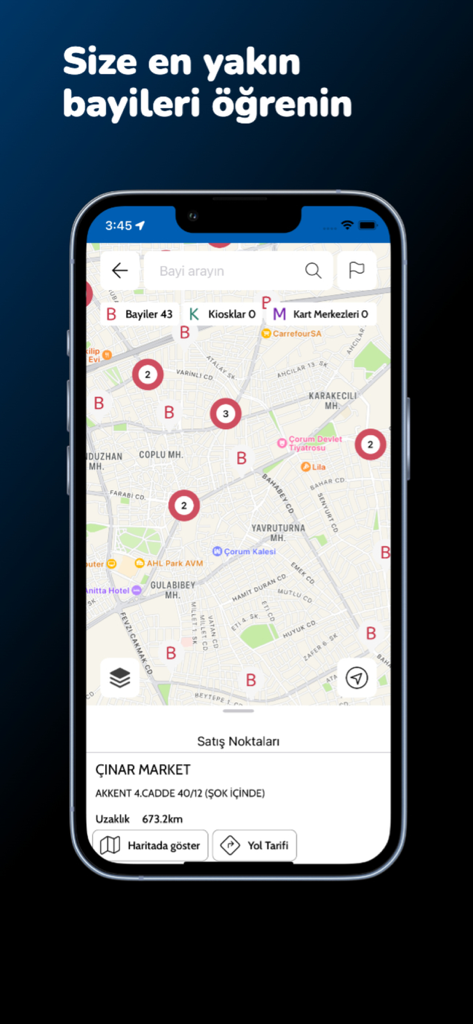 Corum Ulasim app interface displaying a map with nearby bus card dealer locations and kiosks.