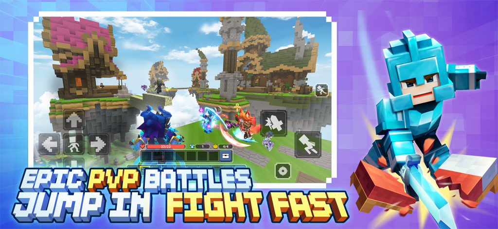 Blockman GO mobile game screenshot featuring blocky characters in a PvP battle on floating islands.