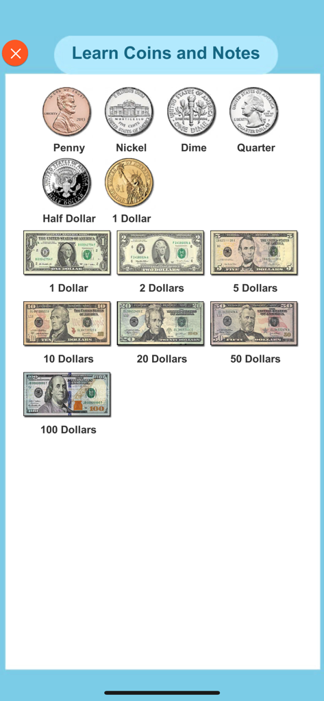 Learn Money Counting - Pädagogischer Bildschirm, der US-Münzen und Banknoten mit ihren Werten anzeigt